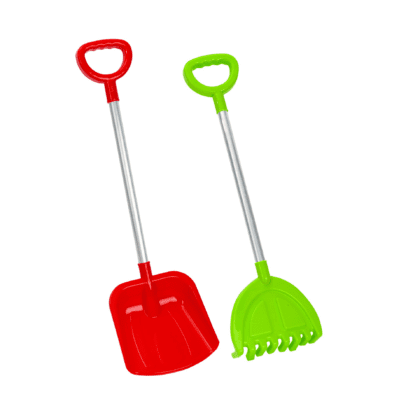 Vaikiškas grėblys ir kastuvas aliuminiu kotu