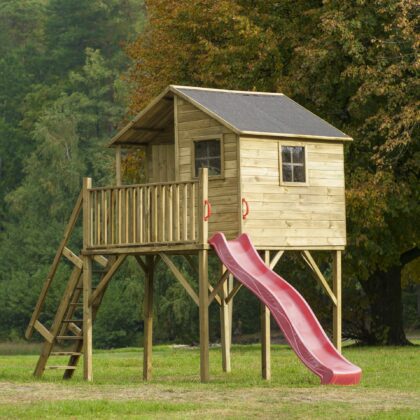 Medinis vaikų žaidimų namelis "Didysis Gandriukas" su dvigubomis sūpynėmis