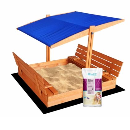Impregnuota medinė smėlio dėžė su mėlynos spalvos stogeliu ir 300 kg smėlio, 140x140 cm