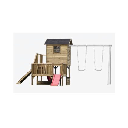 Medinis vaikų žaidimų namelis "Koriukas" su dvigubomis sūpynėmis