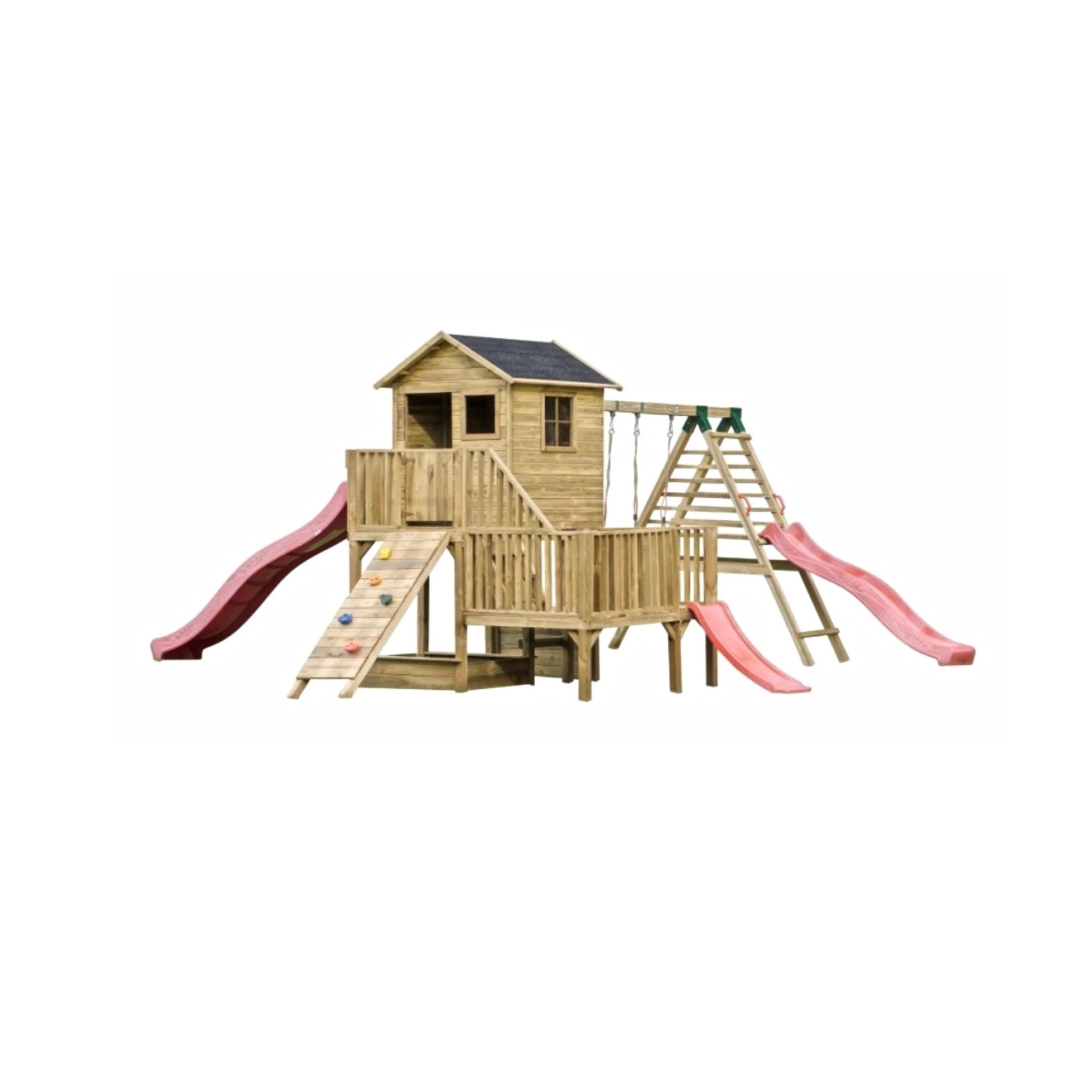 Medinis vaikų žaidimų namelis "Koriukas" su dvigubomis sūpynėmis ir laipiojimo kopetėlėmis Medinis vaikų žaidimų namelis "Koriukas" su dvigubomis sūpynėmis ir laipiojimo kopetėlėmis