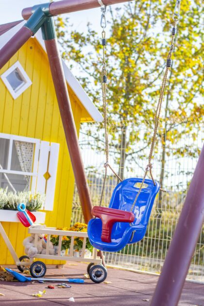 Vaikiškos sūpynės su apsauga, mėlynos su raudonu