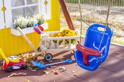 Vaikiškos sūpynės su apsauga, mėlynos su raudonu