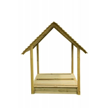Impregnuota medinė smėlio dėžė su suoliukais ir mediniu stogeliu, 120x120 cm