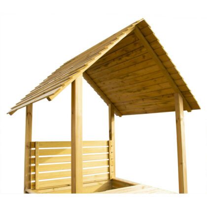 Impregnuota medinė smėlio dėžė su suoliukais ir mediniu stogeliu, 120x120 cm