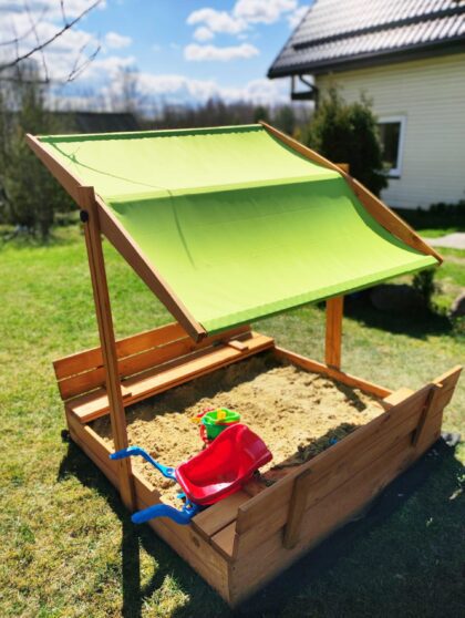 Impregnuota medinė smėlio dėžė su mėlynos spalvos stogeliu, 120x120 cm - Image 10