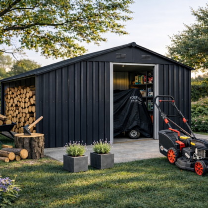 metalinis sandėliukas su malkine, 5,77 m2, antracito