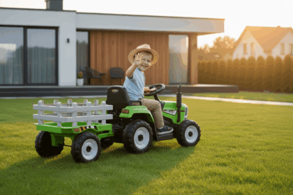 Vaikiškas elektrinis traktorius su priekaba, žalias/pilkas - Image 3