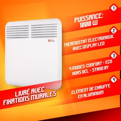 Sieninis konvektorius 1000 W su elektriniu termostatu