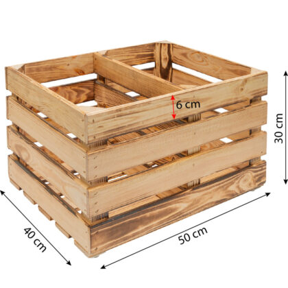 Medinė dėžė su perskyrimu ir ratukais, 50 x 40 x 30 cm, deginto medžio