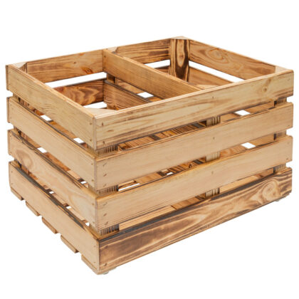 Medinė dėžė su perskyrimu ir ratukais, 50 x 40 x 30 cm, deginto medžio