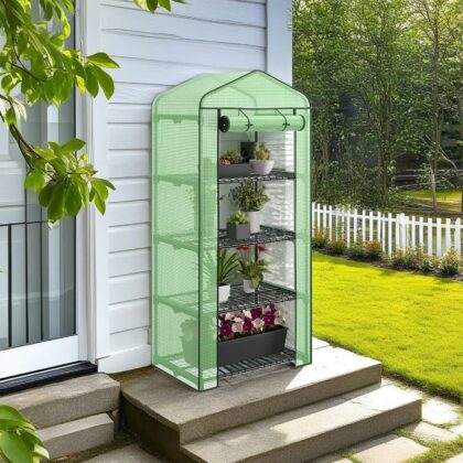 mini šiltnamis daigykla su lentynomis, 69x49x160 cm, žalias