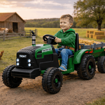 vaikiškas elektrinis traktorius su priekaba hatis, tamsiai žalias/pilkas