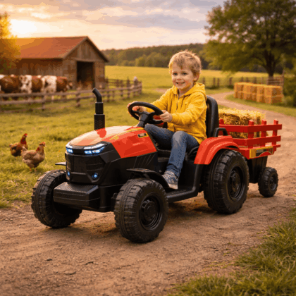 vaikiškas elektrinis traktorius su priekaba hatis, raudonas/juodas