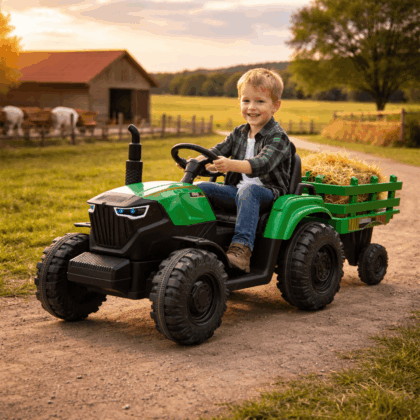 vaikiškas elektrinis traktorius su priekaba hatis, tamsiai žalias/pilkas