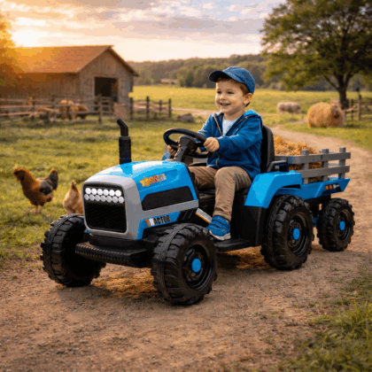 vaikiškas elektrinis traktorius su priekaba hatis, šviesiai mėlynas
