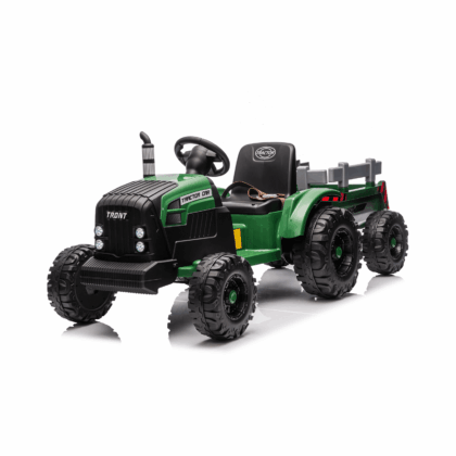 vaikiškas elektrinis traktorius su priekaba, tamsiai žalias/pilkas