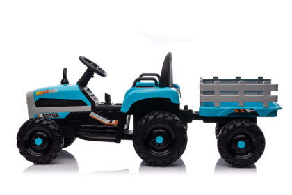 hatis vaikiškas elektrinis traktorius su priekaba, šviesiai mėlynas