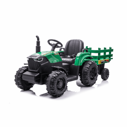 vaikiškas elektrinis traktorius su priekaba, tamsiai žalias/pilkas