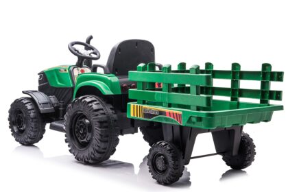 vaikiškas elektrinis traktorius su priekaba, tamsiai žalias/pilkas