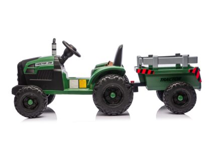 vaikiškas elektrinis traktorius su priekaba, tamsiai žalias/pilkas