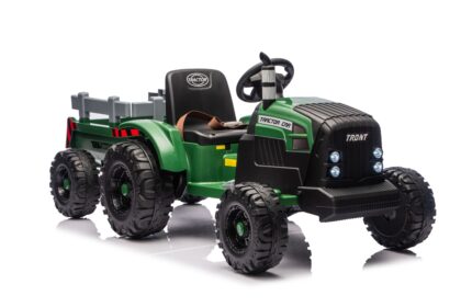 vaikiškas elektrinis traktorius su priekaba, tamsiai žalias/pilkas